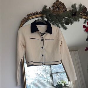 Oak + Fort Cream and Black Button-Up Jacket Sweater